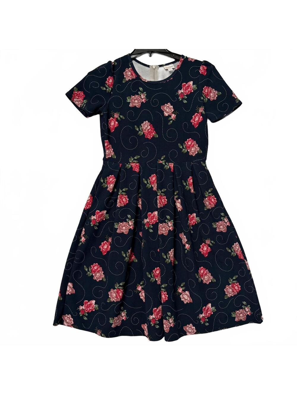Lularoe Amelia Dress Women's L Navy Blue & Pink Floral Fit & Flare Zip Back